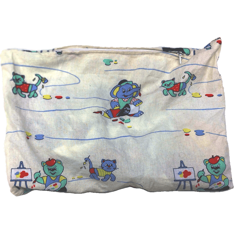 White bag with a zipper and some images on the fabric.