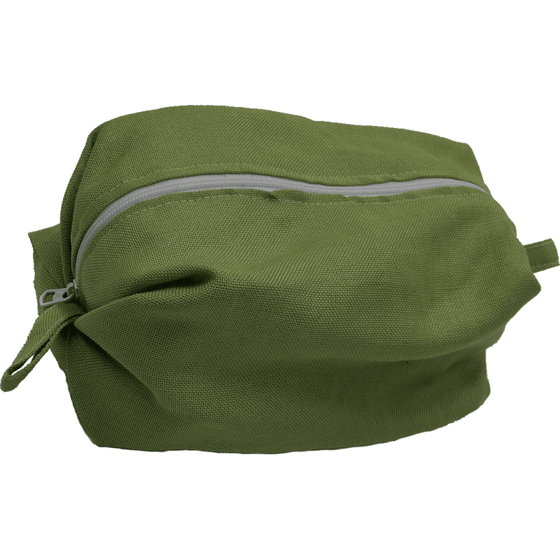 Green Bag with a white zipper.