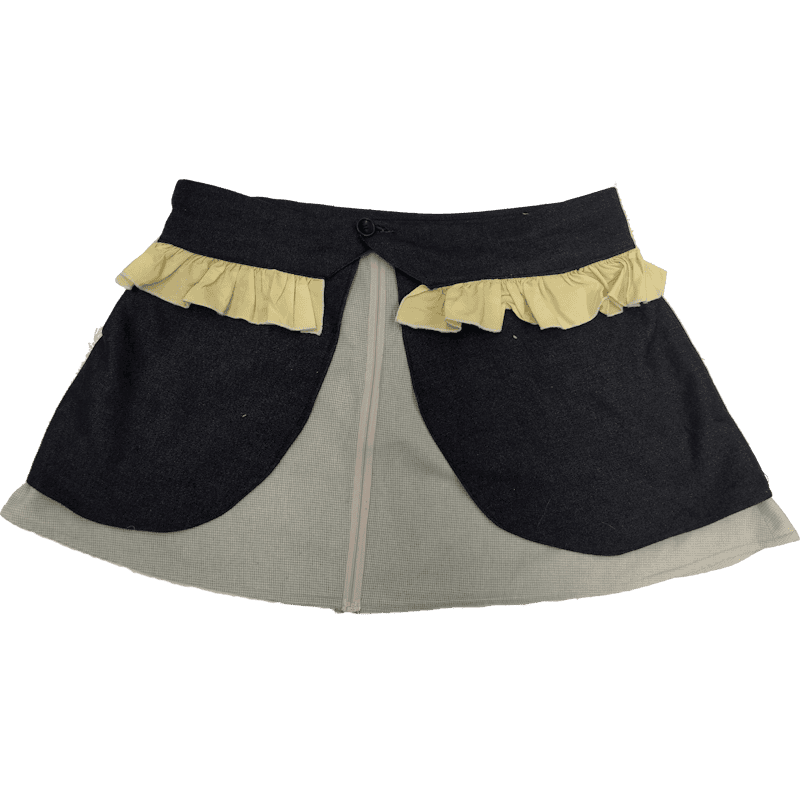Dark grey and green skirt with a gathered strip of yellow cloth near waist and a separating zipper at the front.